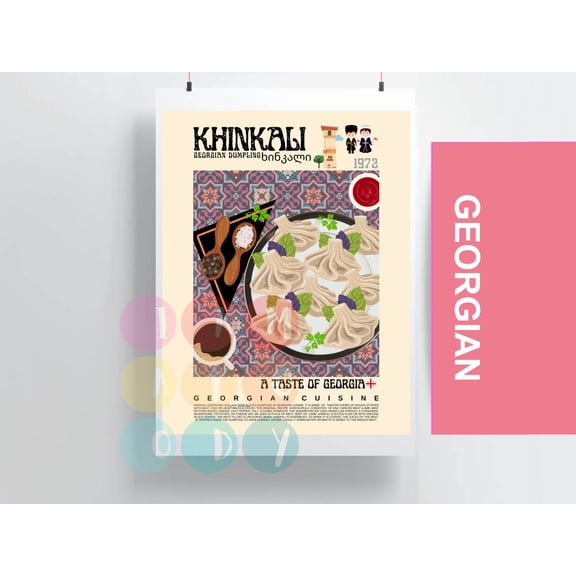 Khinkali Poster Retro Style, Georgian Cuisine Wall Art, Georgian Food Prints, Retro Kitchen Decor, Food Design Art Prints, Gifts For Mom, Poster Only
