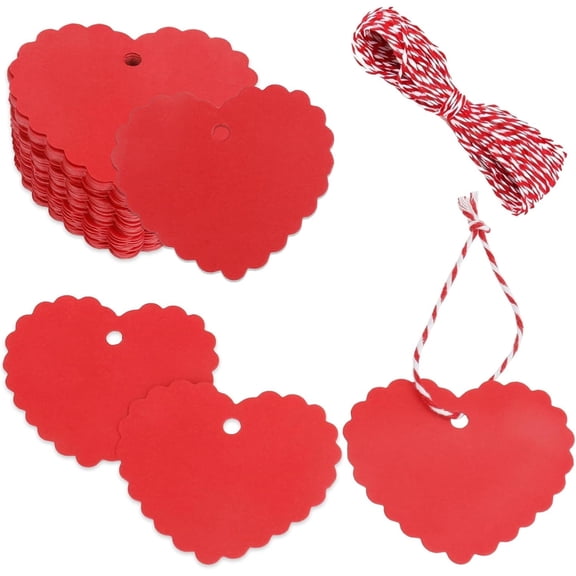 Khlethos 100 PCS Red Heart Gift Tags with String for Valentine's Day, Couples Gifts & Party Decor
