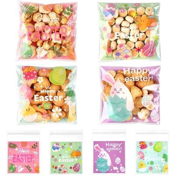 Khlethos 100Pcs Easter Cellophane Treat Bags, Self-Sealing Candy Bags with Cute Designs