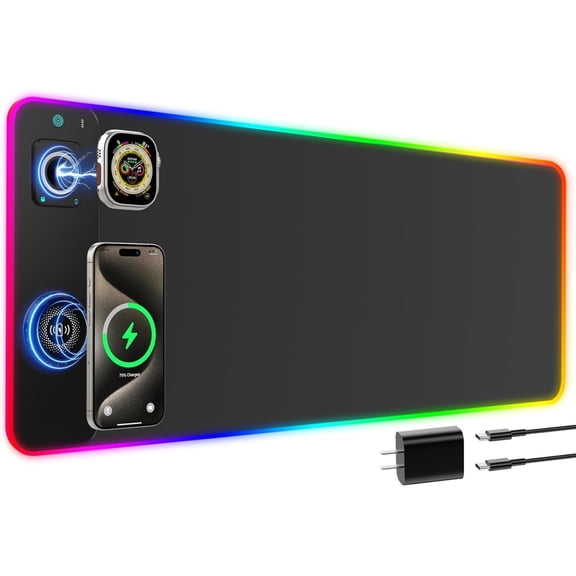 Khlethos RGB Gaming Mouse Pad with Wireless Charger for Phone & iWatch, 800x300mm