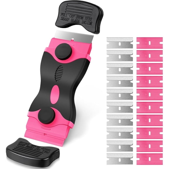 Khlethos pink Razor Blade Scraper Tool with 10 Metal + 10 Plastic Blades for Sticker Removal
