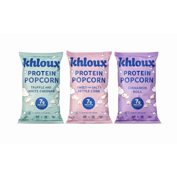 Khloud Khloux Protein Popcorn 7g Protein Variety pack Cinnamon roll, Kettle and Cheddar Truffle