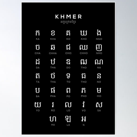 Khmer Alphabet Chart - Cambodia Language Learning, Black Poster Wall Art, Modern Wall Decor For Living Room Bedroom, 24x36 UNFRAMED