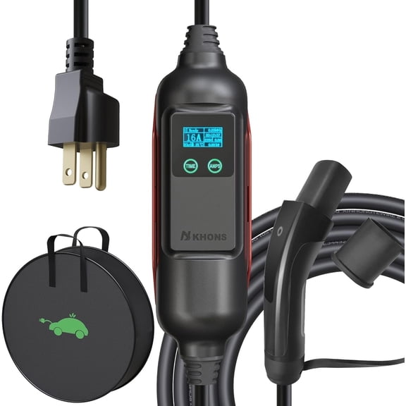 H KHONS Level 1/2 Tesla EV Charger - 110V 16 Amp NEMA 5-15 Plug-Mobile Electric Car Home Portable Charger with App