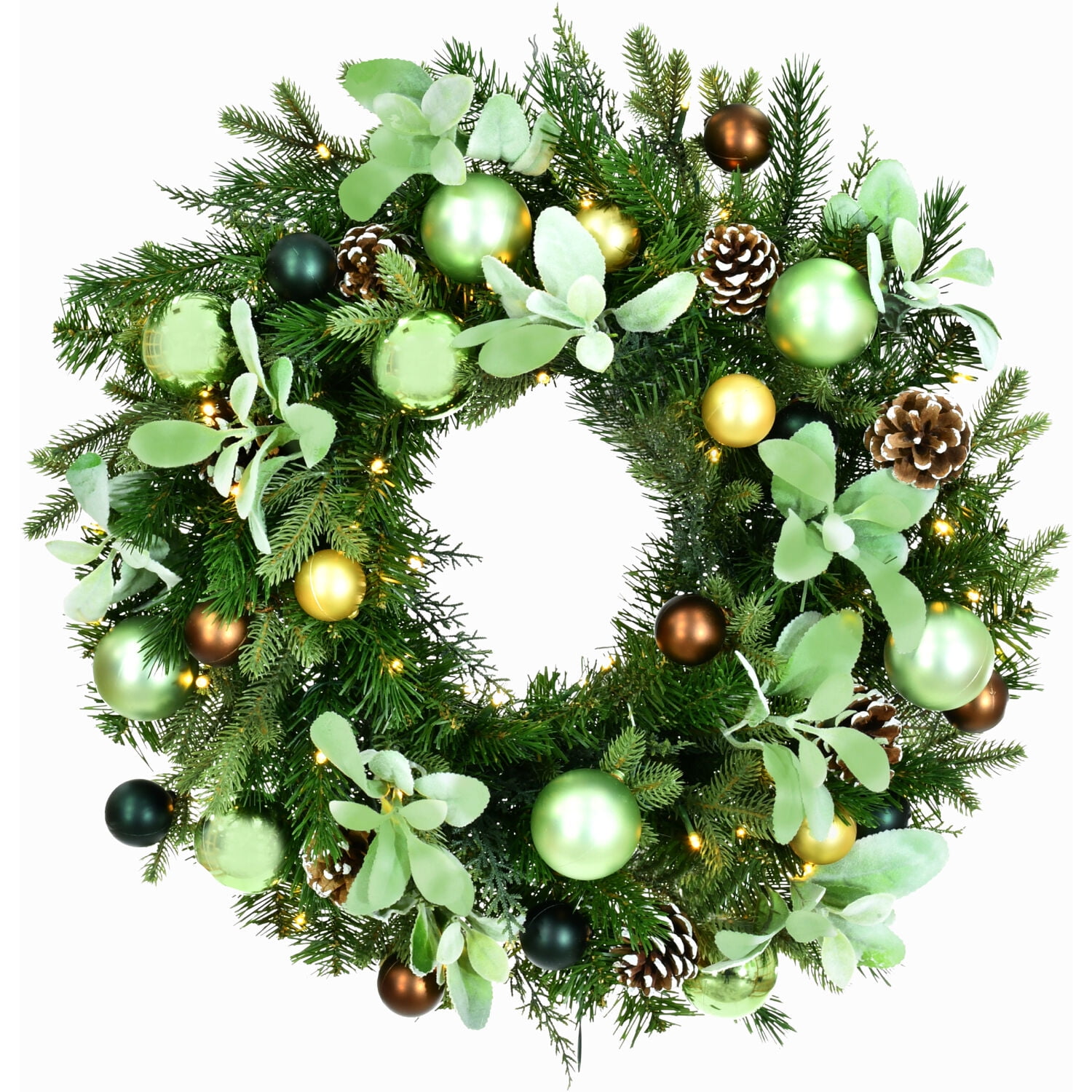 24-Inch Green and Brown Artificial Christmas Wreath with Pinecones and LED Lights