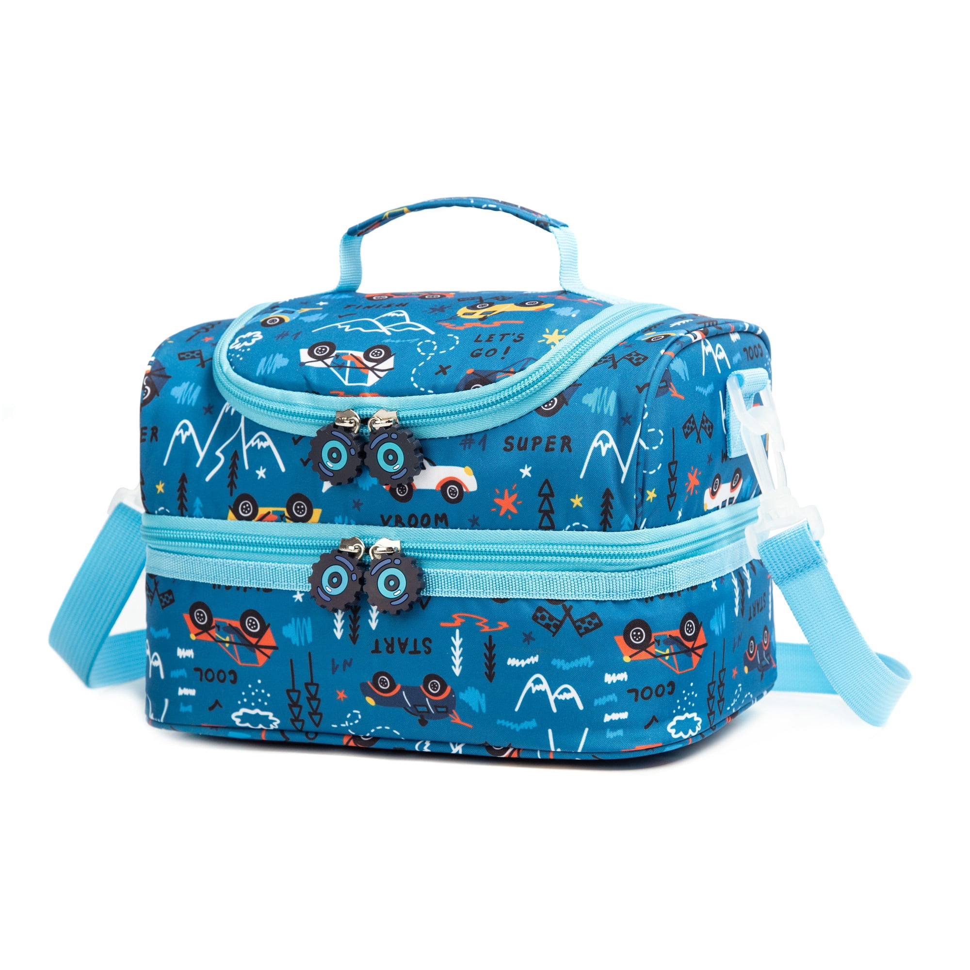 Khulula Kids Lunch Boxes Bag Insulated Double Decker Lunch Box Tote Pack for Girls Boys Toddler School Picnic Food Cooler Hot Water Ice With Strap Blue Car