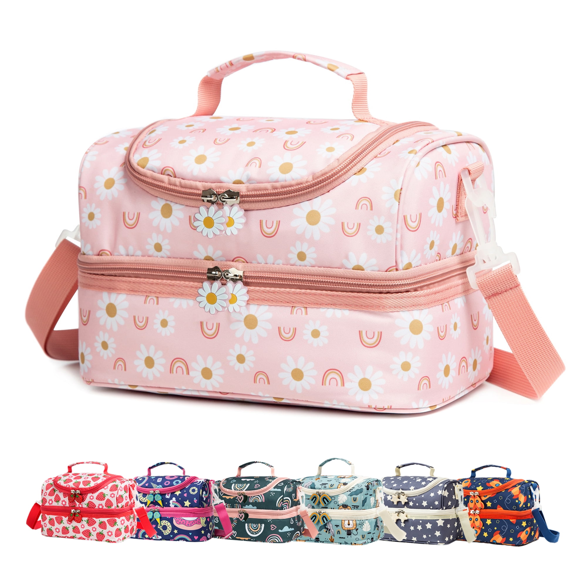 Khulula Kids Lunch Boxes Bag Insulated Double Decker Lunch Box Tote Pack for Girls Boys Toddler School Picnic Food Cooler Hot Water Ice With Strap Rainbow Daisy