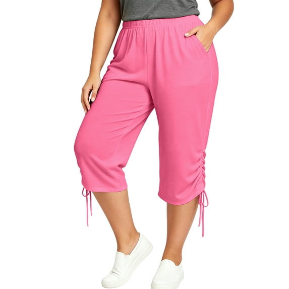 Khunlpohl Capri Pants for Womens Plus Size Elastic Waist Casual Drawstring Capris Pant with Pockets Plain Baggy Sports Trousers