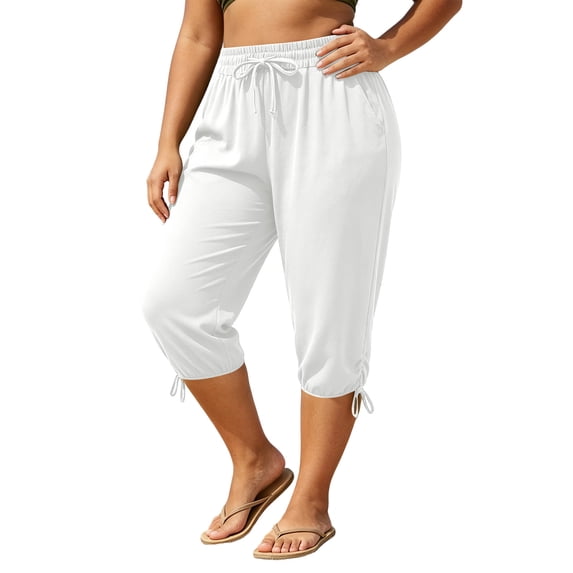 Khunlpohl Capri Pants for Womens Plus Size Elastic Waist Casual Drawstring Capris Pant with Pockets Plain Baggy Sports Trousers