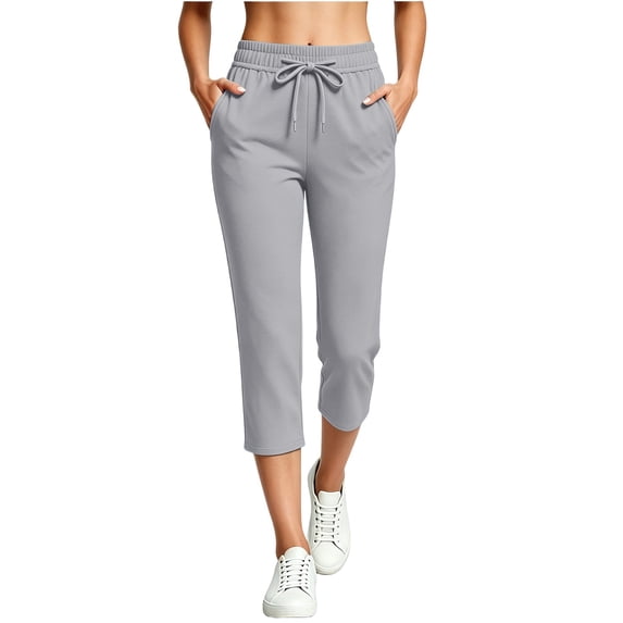 Khunlpohl Capris Pants for Women Drawstring Elastic Waist Joggers Pant Straight Leg Casual Capri Pant with Pockets