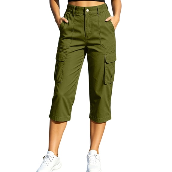 Khunlpohl Cargo Capri Pants for Women Hiking Outdoor Straight Leg Button Elastic Waist Cropped Pant with Multiple Pockets