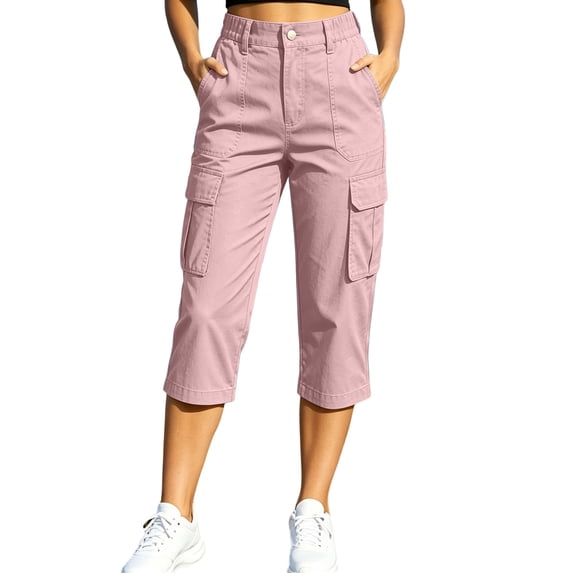 Khunlpohl Cargo Capri Pants for Women Hiking Outdoor Straight Leg Button Elastic Waist Cropped Pant with Multiple Pockets