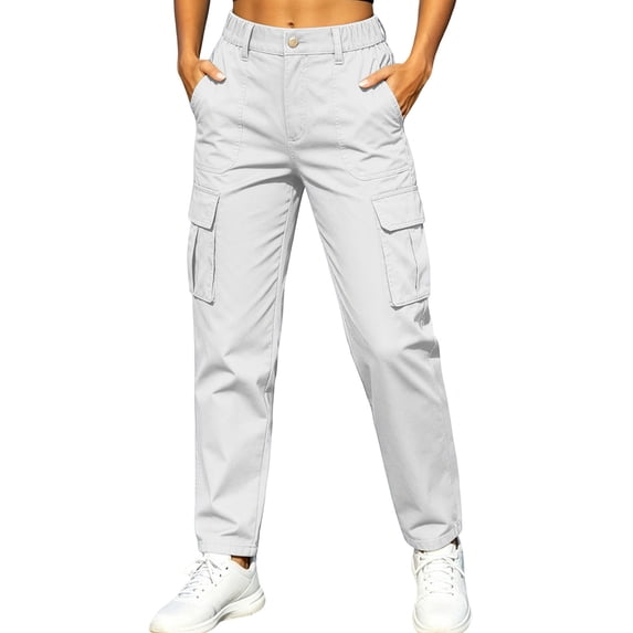 Khunlpohl Cargo Pants for Women Hiking Outdoor Straight Leg Button Elastic Waist Casual Long Pant with Multiple Pockets