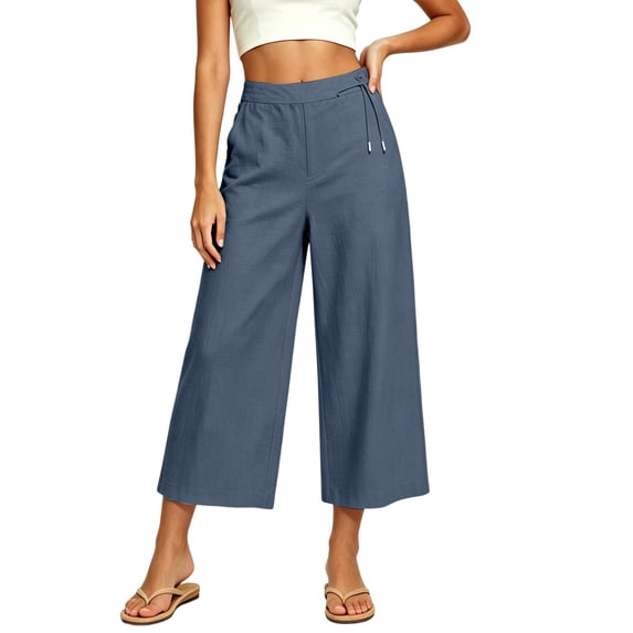 Khunlpohl Cotton Linen Capris Pants for Womens Wide Legs Casual Loose Pant Fashion Lightweight Capri Trousers with Pockets