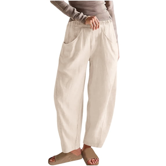 Khunlpohl Cotton Linen Pants for Women Elastic Waist Straight Leg Taperd Trousers Loose Lightweight Pants with Pockets