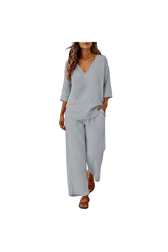Cotton Plus Size 2 Piece Sets for Women V Neck 3/4 Sleeve Blouses and Elastic Waisted Drawstring Pants with Pockets Lounge Baggy Set