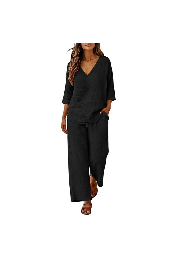 Cotton Plus Size 2 Piece Sets for Women V Neck 3/4 Sleeve Blouses and Elastic Waisted Drawstring Pants with Pockets Lounge Baggy Set