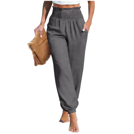 Khunlpohl Elastic High Waist Pant for Womens Cotton Linen Solid Color Joggers Pants Casual Fashion Loose Trousers with Pockets