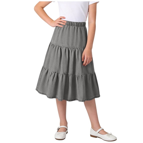 Khunlpohl Girl's Maxi Skirts Ruffled Elastic High Waisted Tiered Pleated Skirt Summer Casual Fashion Dress 4-15 Years