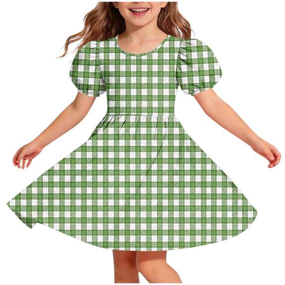 Khunlpohl Girl's Plaid Dress Puff Short Sleeve Round Neck Backless Pleated Ruffled Sundress Summer Casual Dresses