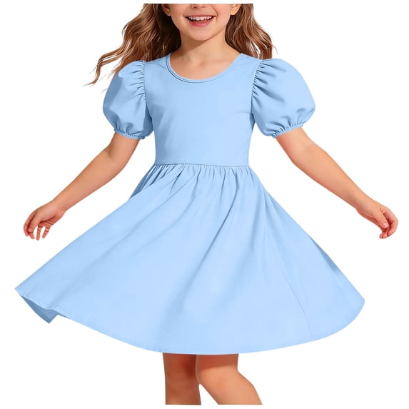 Khunlpohl Girl's Puff Short Sleeve Dress Round Neck Backless Pleated Ruffled Sundress Summer Casual Solid Color Dresses