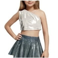 thumbnail image 1 of Khunlpohl Girl's Short Sleeve Clothes Solid Color off Shoulder Tops Summer Fashionable Sparkly Dancewear Tshirt for Kids 3-16 Years, 1 of 4