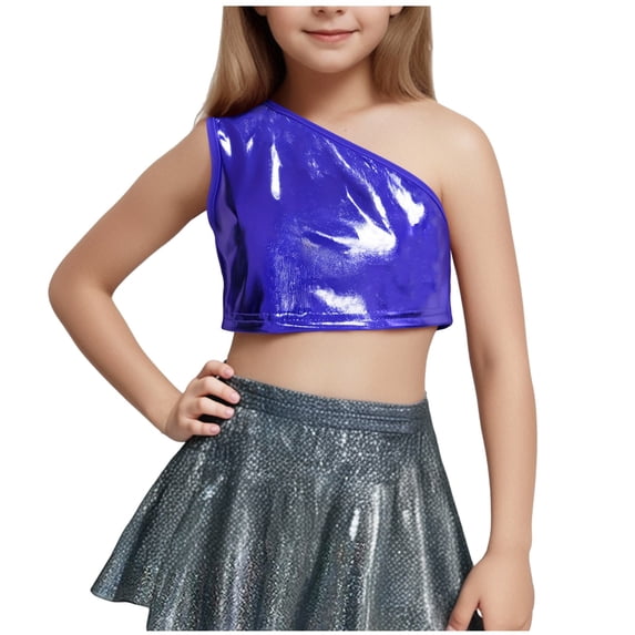 Khunlpohl Girl's Short Sleeve Clothes Solid Color off Shoulder Tops Summer Fashionable Sparkly Dancewear Tshirt for Kids 3-16 Years
