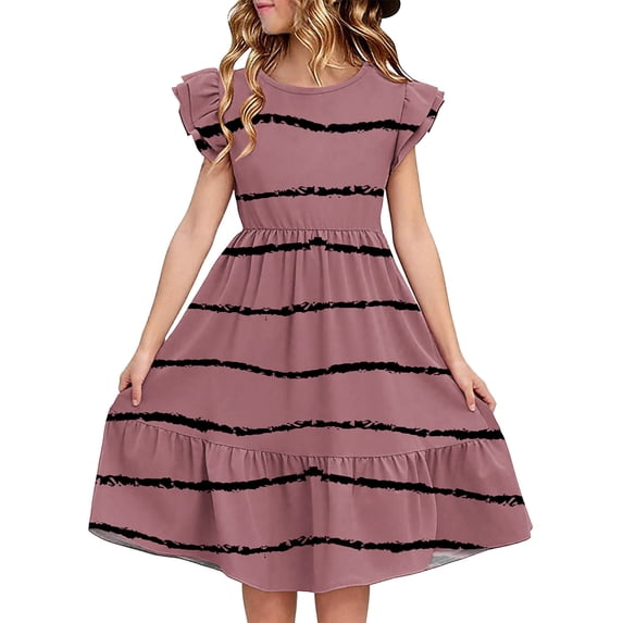 Khunlpohl Girl's Striped Dress Ruffled Short Sleeve Crew Neck Sundress Summer Fashion Casual Dresses 5-13 Years