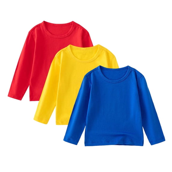 Khunlpohl Kid's 3 Pack Cotton Long Sleeve Tops Crew Neck Lounge Loose Tshirt Soft Breathable Shirts 1-11 Years