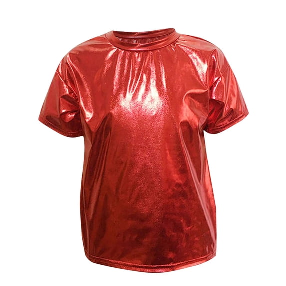 Khunlpohl Kid's Short Sleeve Top Round Neck Solid Color Tshirt Summer Fashionable Dance Show shirt Tops for Girls 3-16Years