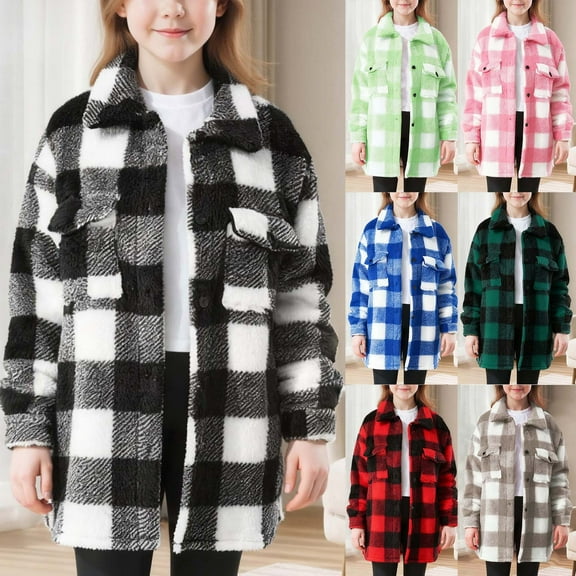 Khunlpohl Kids Fleece Plaid Coats Sherpa Overcoats Fall Winter Warm Loose Button down Outwear Clothes