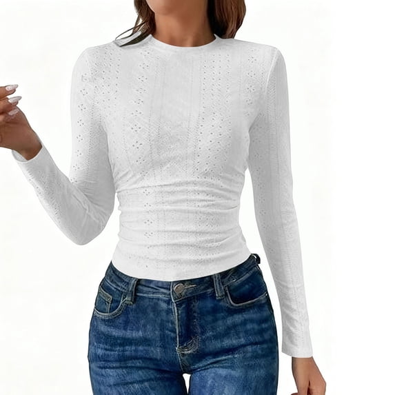 Khunlpohl Long Sleeve Shirts for Womens Crew Neck Ruched Slim Clothes Outfits Casual Fashionable Solid Color Tops