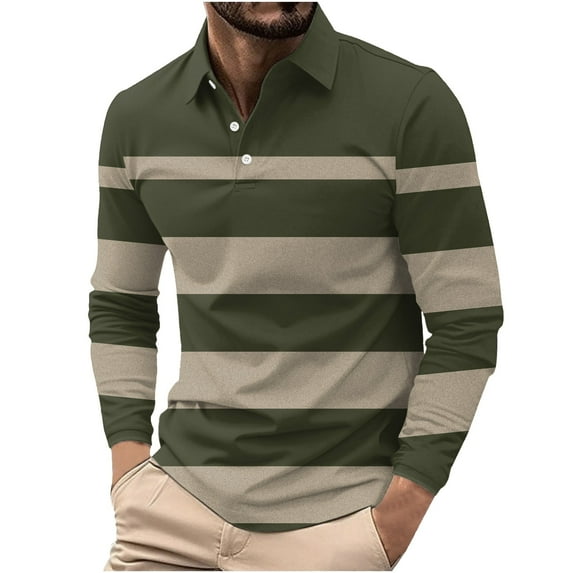 Khunlpohl Mens Striped Long Sleeve Golf Shirts Buttons Collared Casual Work Fashion Tops Pullover Tshirts S-XXXL