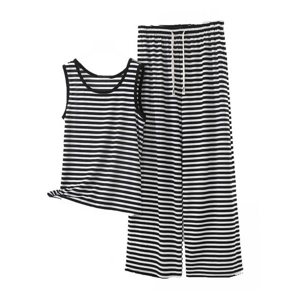 Khunlpohl Plus Size 2 Piece Sets for Womens Round Neck Sleeveless Tank Tops and Drawstring Elastic Waisted Pants Casual Striped Loose Set