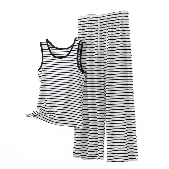 Khunlpohl Plus Size 2 Piece Sets for Womens Round Neck Sleeveless Tank Tops and Drawstring Elastic Waisted Pants Casual Striped Loose Set