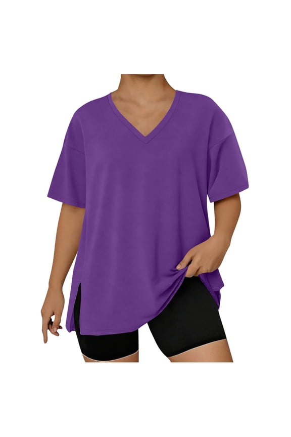 Plus Size Shirts for Women's Plain V Neck Top Short Sleeve T Shirt Oversized Side Split Top Summer Clothes