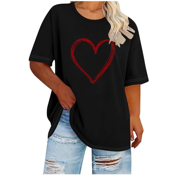 Khunlpohl Plus Size Women Short Sleeve Tops Summer Loose Tunic Blouse Heart Graphic Cute Trendy Baggy Tee Outfits