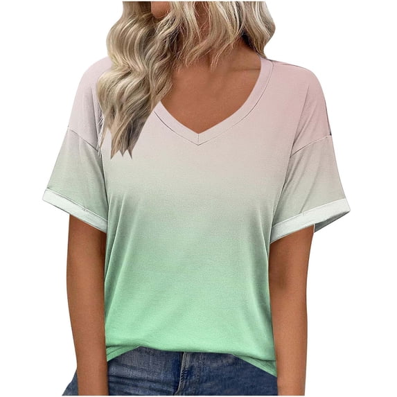 Khunlpohl S-5XL Womens Shirts Gradient Short Sleeve V Neck Tee Casual Loose Summer Trendy Tops Tshirts