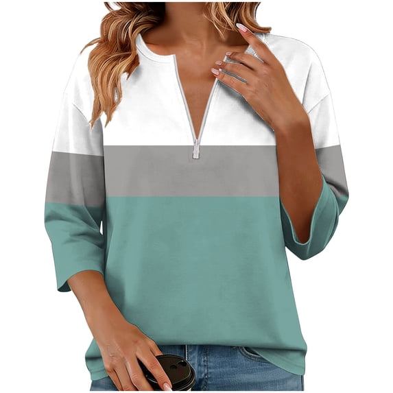 Khunlpohl Spring Top Womens 3/4 Sleeve Sweatshirts Half Zip Pullover Tops Color Block Sweatshirt Summer Clothes