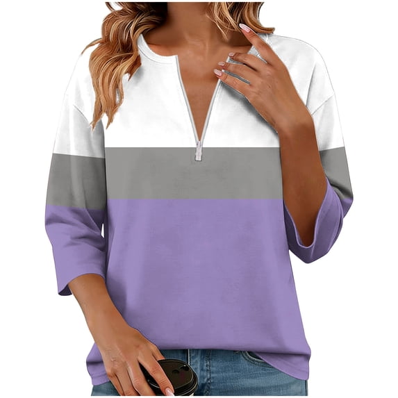 Khunlpohl Spring Top Womens 3/4 Sleeve Sweatshirts Half Zip Pullover Tops Color Block Sweatshirt Summer Clothes