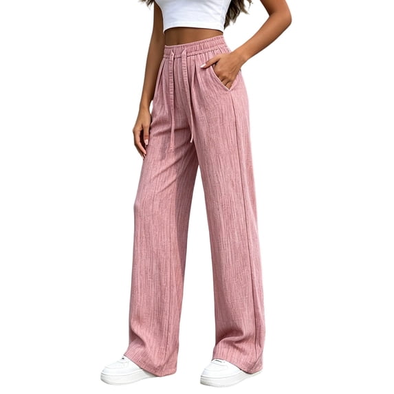 Khunlpohl Straight Legs Long Pants for Womens Drawstring Elastic High Waist Pant Lounge Loose Lightweight Trousers with Pockets