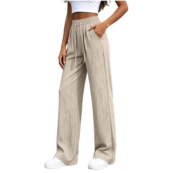 Khunlpohl Straight Legs Long Pants for Womens Drawstring Elastic High Waist Pant Lounge Loose Lightweight Trousers with Pockets