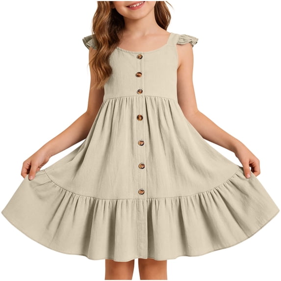 Khunlpohl Toddlers Girl's Ruffled Dress Button down Pleated Solid Color Dresses Summer Loose Fashion Sundress
