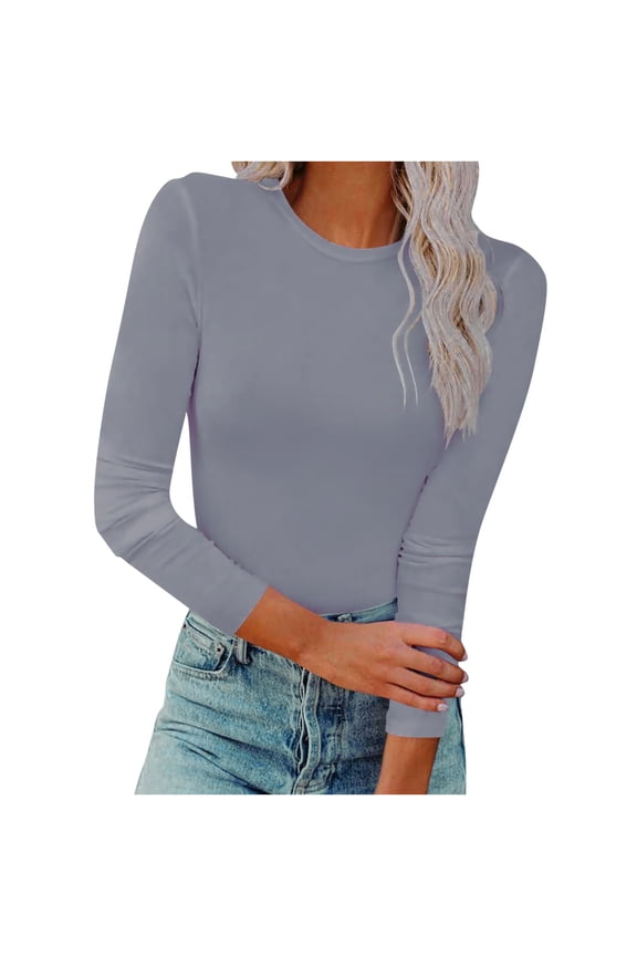 Women Basic Shirts Long Sleeve Tight Undershirts Round Neck Casual Layered Lightweight Slim Tee