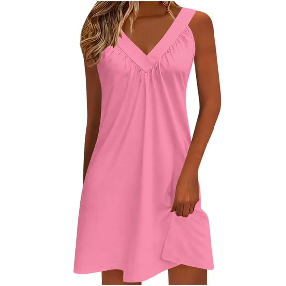 Khunlpohl Women Nightgown Sleeveless Sleepwear Nightshirts Wide Strap Pleated V Neck Loose Pajamas Shirts