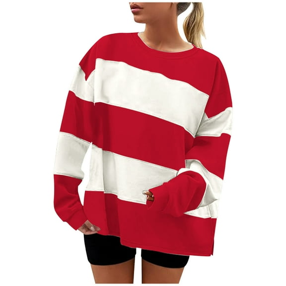 Khunlpohl Women Oversized Shirts Striped Long Sleeve Loose Tee Color Block Casual Lightweight Sweatshirt