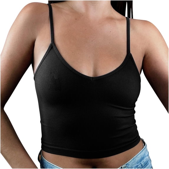 Khunlpohl Women Ribbed Camisoles Spaghetti Strap Basic Undershirts Summer Soft V Neck Trendy Sleeveless Shirt