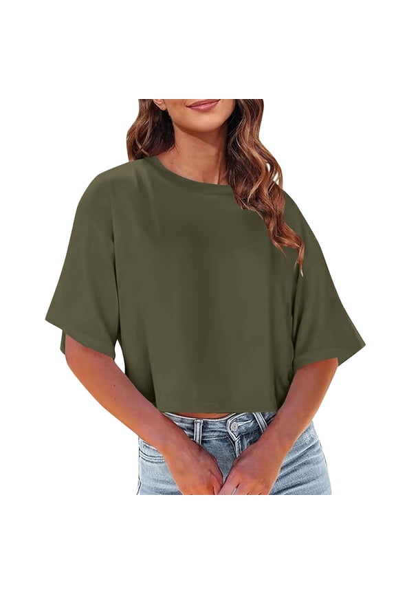 Women T Shirts Drop Shoulder Crew Neck Short Sleeve Baggy Tops Summer Casual Loose Basic Tees