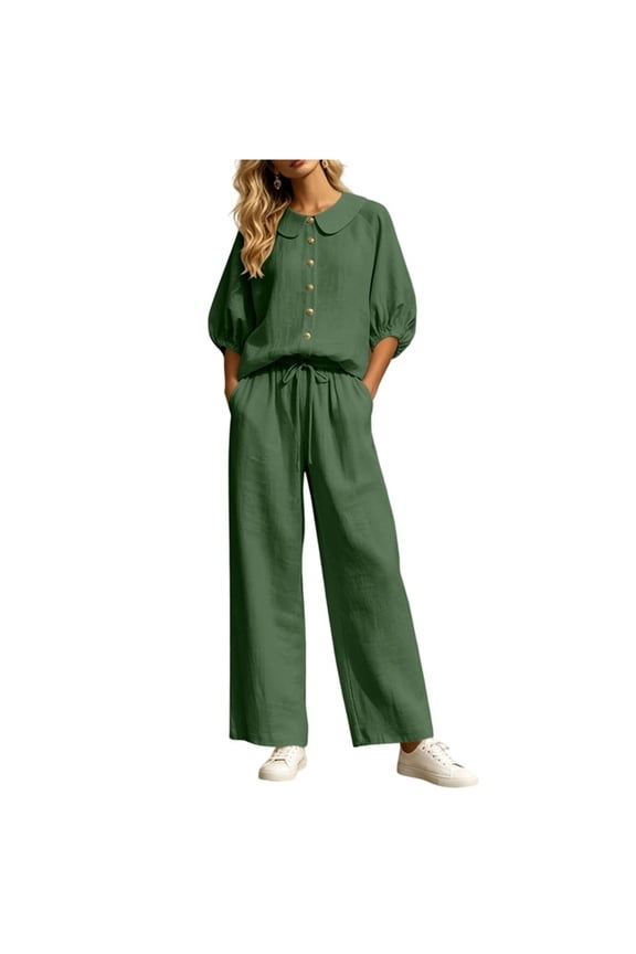 Women's 2 Piece Sets 3/4 Sleeve Button Collared Blouses and Elastic Elastic Drawstring Straight Leg Pants Fashion Vacation Set