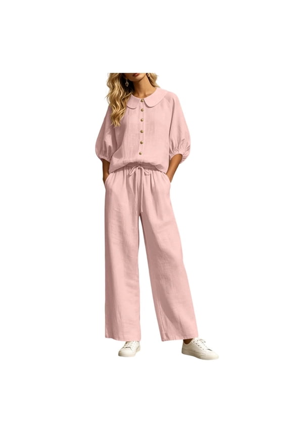 Women's 2 Piece Sets 3/4 Sleeve Button Collared Blouses and Elastic Elastic Drawstring Straight Leg Pants Fashion Vacation Set